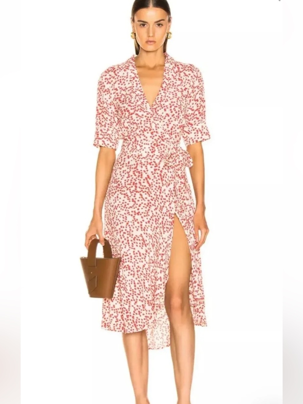GANNI dress is a floral-print crepe maxi wrap dress in red-and-white